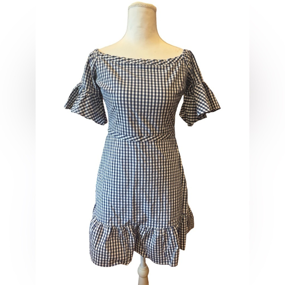 Lucy Paris Blue Gingham Off Shoulder Mini Dress Small Ruffle Cottagecore